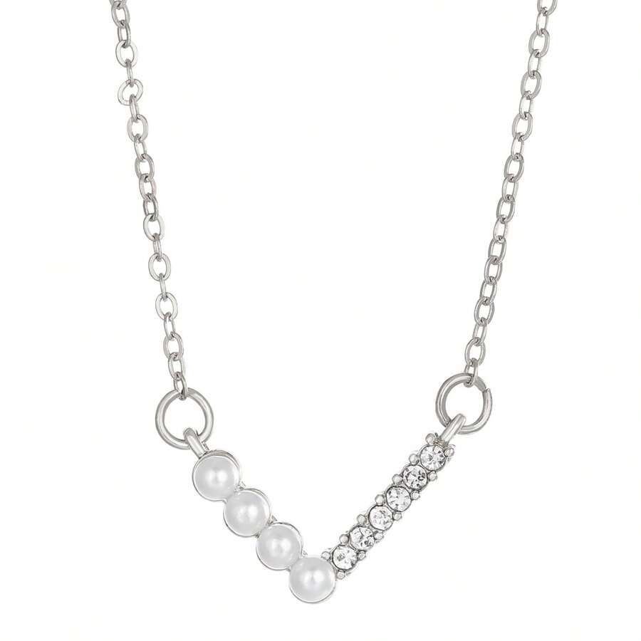 1pc Alphabet Shaped Necklace For Women With Pearl & Rhinestone Decor, V Collarbone Chain - Silver - View 1