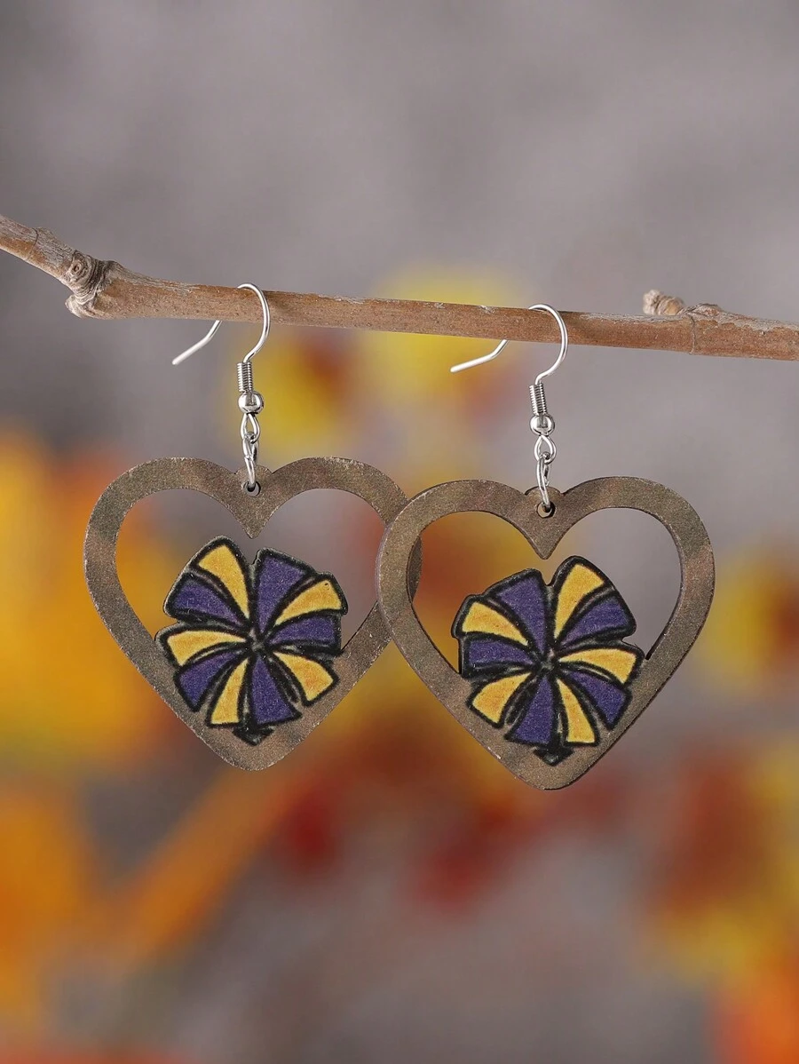 1對復古啦啦隊手擺、花朵造型垂墜耳環,雙面木製運動盛會耳飾,女款