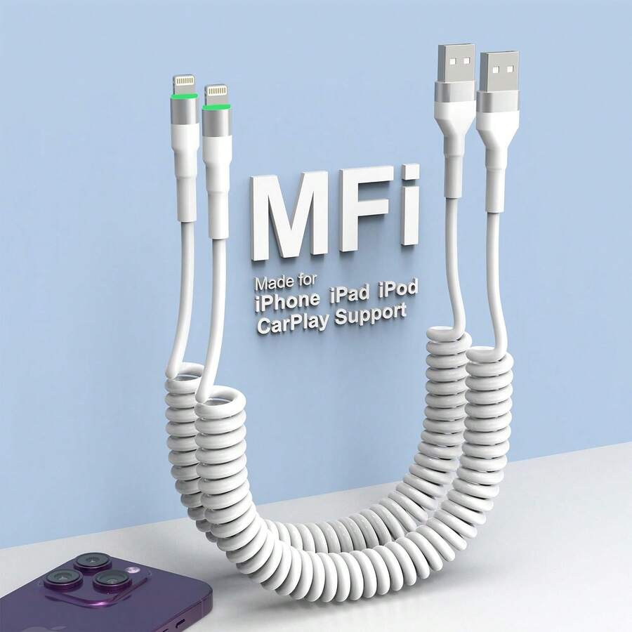 CUGUNU 2 包卷式 USB 转 Lightning 数据线 [MFi 认证]、用于汽车数据同步的 Apple Carplay 数据线、带 LED 的卷式充电器数据线 - 白色 - 白色 - 查看 1