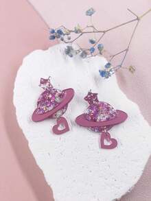 1 對甜美時尚閃光星星、星球、光滑空心心形壓克力吊墜耳環。送給女孩的精美情人節禮物