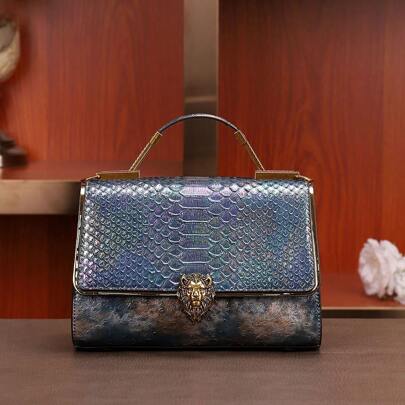 UANFOR Women's Textured Snake Skin, Ostrich Skin, Gradient, Flip Cover Handbag, Crossbody Bag With Lion Pattern, Metal Buckle, High-End Luxury, Fashionable, Elegant Style, Suitable For Parties/Dinners/Outdoors/Commutes