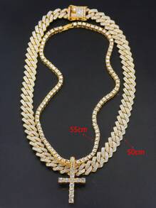 嘻哈風格2入組十字形網球項鏈14mm,男女適用,冰河石項鏈帶鏈,情侶珠寶 - 金色 - 查看 5