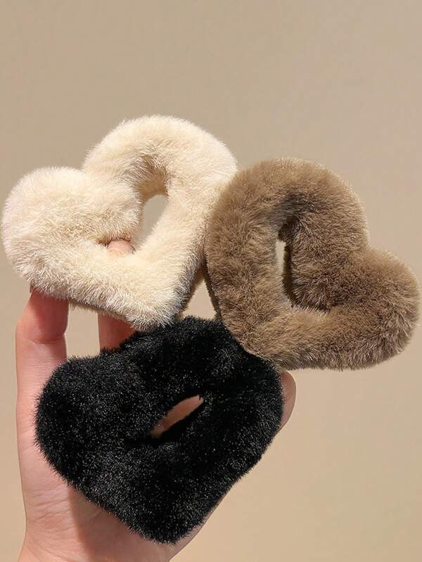 3pcs Ladies' Plush Heart Shaped Hair Claw Clip, Simple Style Fashionable High-End Hair Accessory For Daily Wear, Outdoor Activities, Face Washing And Make-Up, Clothing Matching Cute Valentine's Day Valentines,Hair Accessories,Claw Clips,Hair Jaw Clip,Hair Clutch, Casual Fall Winter Hair Clip For Vacation Outfits Woman