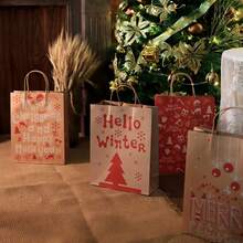 4入組聖誕節禮物手提袋,英式字母黃色牛皮紙袋(隨機圖案) - 彩色 - 查看 4