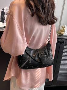 鑲鑽和幻想裝飾的鏈條長方形肩袋,哥德主義搖滾朋克機車時尚拉鏈斜挎手提袋,y2k時尚包款,可調節肩帶的新潮手提包,適用於派對,萬聖節和音樂節