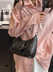 鑲鑽和幻想裝飾的鏈條長方形肩袋,哥德主義搖滾朋克機車時尚拉鏈斜挎手提袋,y2k時尚包款,可調節肩帶的新潮手提包,適用於派對,萬聖節和音樂節