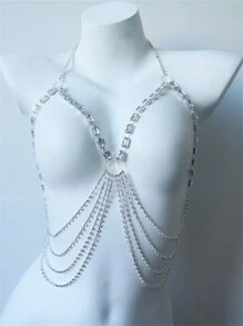 Rhinestone Hollow Out Chest Chain Silver-plated - Silver - View 1