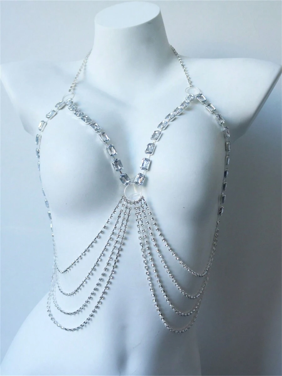 Rhinestone Hollow Out Chest Chain Silver-plated - Silver - View 1
