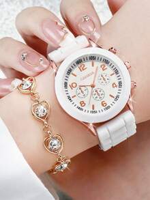 Ladies Silicone Strap Simple Fashion Digital Scale Dial Quartz Watch + Heart Shape Jewelry Set (6pcs/set) - White - View 3