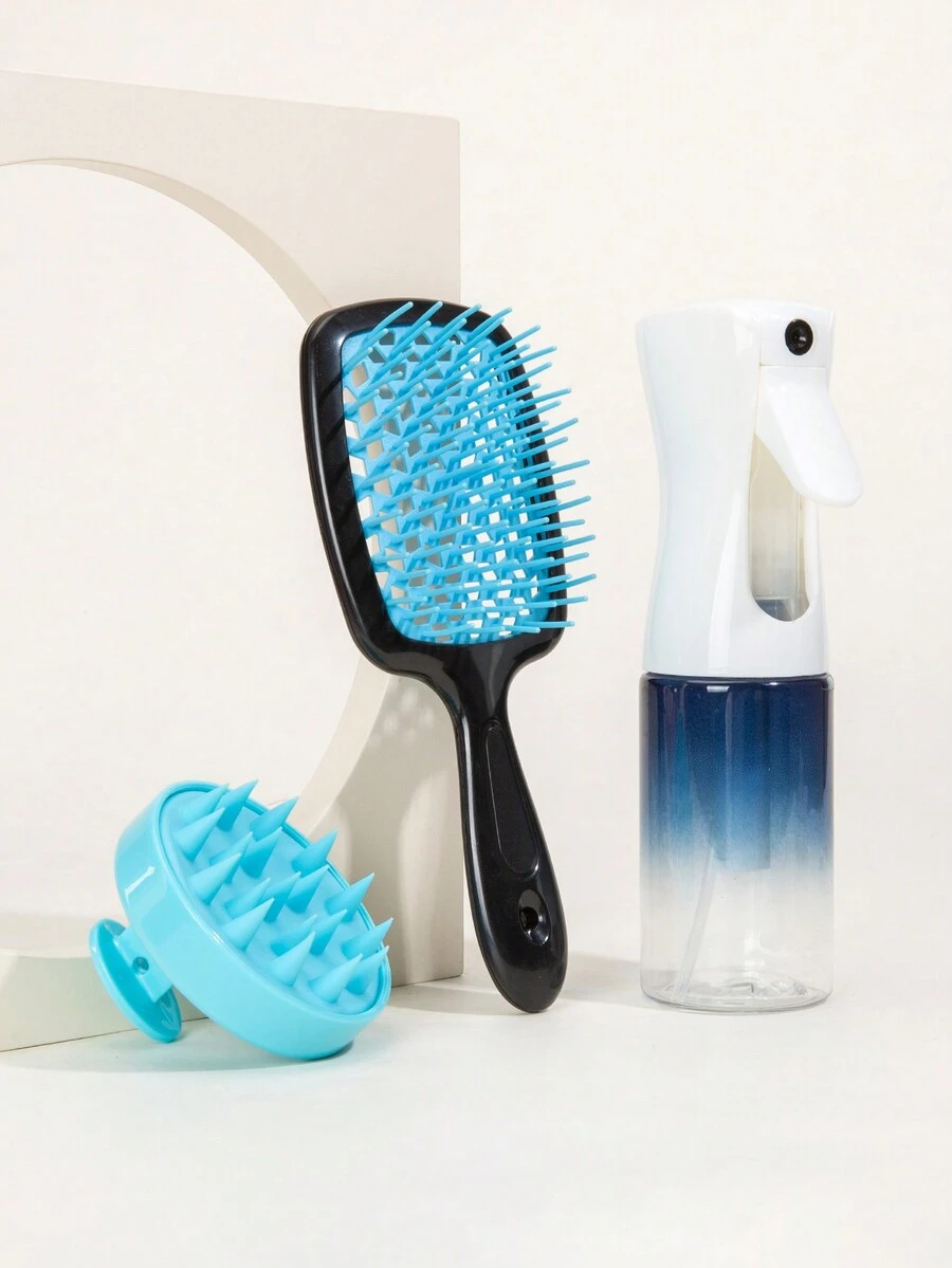 3入組美髮工具套裝，中空去結髮刷，濕髮或乾髮都適用；200毫升噴氧瓶，頭皮按摩器洗髮刷頭皮去角質器，適用於濕髮或乾髮洗髮刷，使用於所有髮質，組合套裝美髮梳