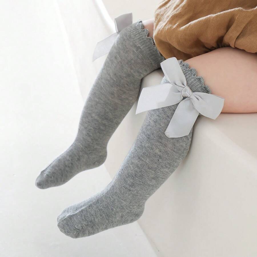 1 双婴儿/幼儿女孩及膝袜，带蝴蝶结设计 - 灰色 - 查看 1
