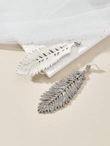 一对镶钻树叶流苏耳环，独特时尚个性化耳饰 - 銀色 - 查看 2