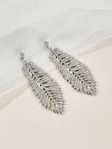 一对镶钻树叶流苏耳环，独特时尚个性化耳饰 - 銀色 - 查看 1