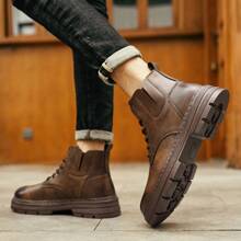 男士棕色靴子,時尚百搭中幫戶外皮靴,復古休閒鞋