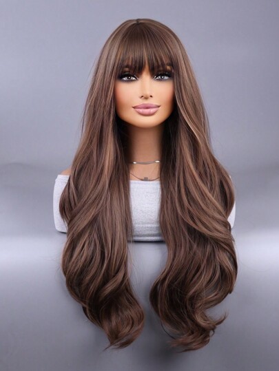 Long brown wig with bangs 28 "Ombre Brown Blend Blonde accent wig for women long curly wavy synthetic wig for everyday party use