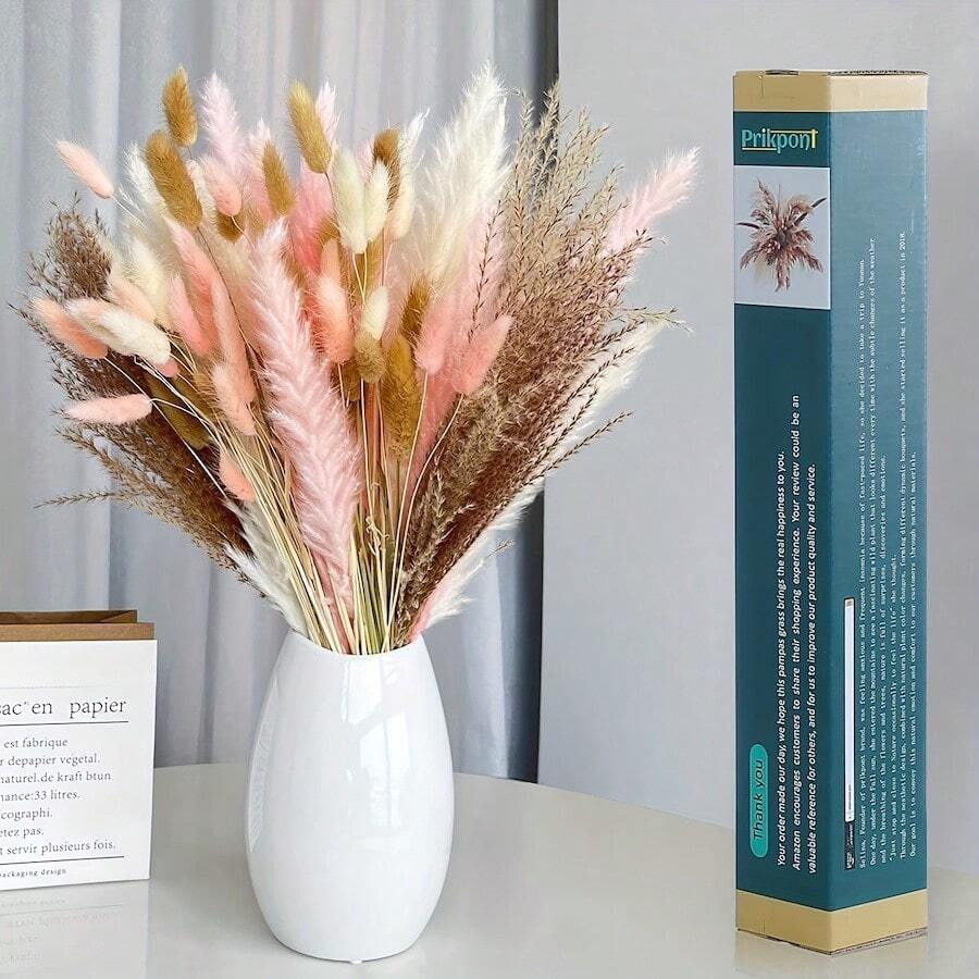 50 件乾蒲葦裝飾,17.5 天然蓬鬆持久乾花花束適合波西米亞風家居婚禮派對媽媽奶奶情人節復活節裝飾春節禮物裝飾 - 粉色 - 查看 1