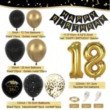 100 件/套五彩纸屑亮片哑光黑铬金乳胶气球链花环套装，铝箔生日快乐横幅，32 英寸数字 18 生日派对装饰配件，男女皆宜 - 杏色 - 查看 2