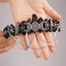 女神新娘水晶頭帶髮箍,原礦石頭箍,精靈cosplay服裝頭飾,適用於女性和女孩(黑色)