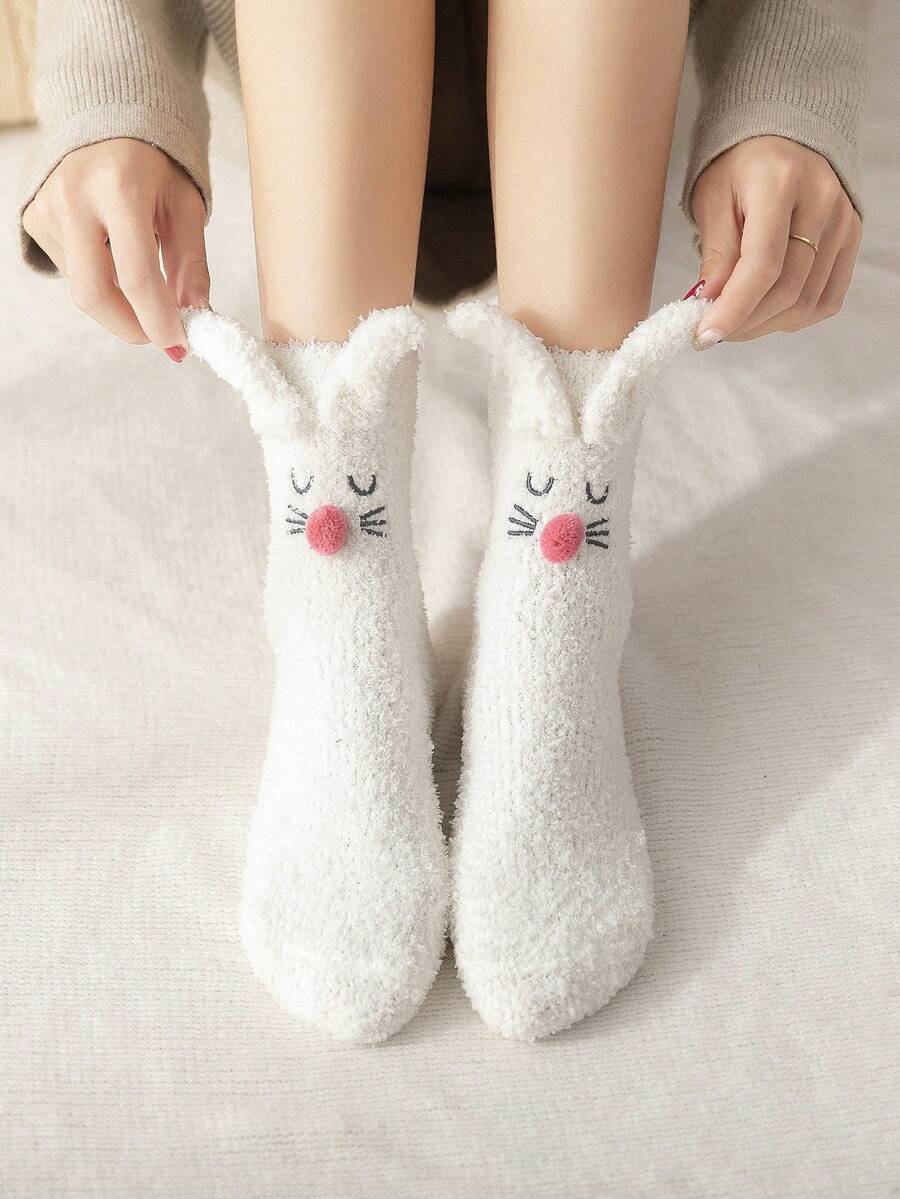 1/2/5 Pairs Rabbit Ears Plush Mid-Calf Socks, Coral Fleece Soft And Comfortable Sleep Socks, Quick Heating And Cold-Resistant, Suitable For Winter Home Wear/Daily Outfits/Gifts (Multiple Combinations Available) - Multicolor - View 1