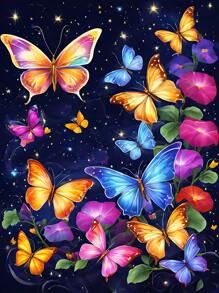 Colorful Floral Butterfly Artistic Illustration Diamond Painting, New Arrival, Round Diamond Full Drill, Diy Mosaic Embroidery, Living Room Home Decoration Wall Painting, Artistic Creative Embroidery, Wall Decoration Diamond Painting, 1 Set