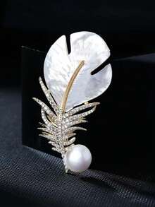 New Arrival Korean Style Luxury Faux Shell & Pearl & Feather Pattern Brooch Pin With High-end Feeling - Gold - View 8
