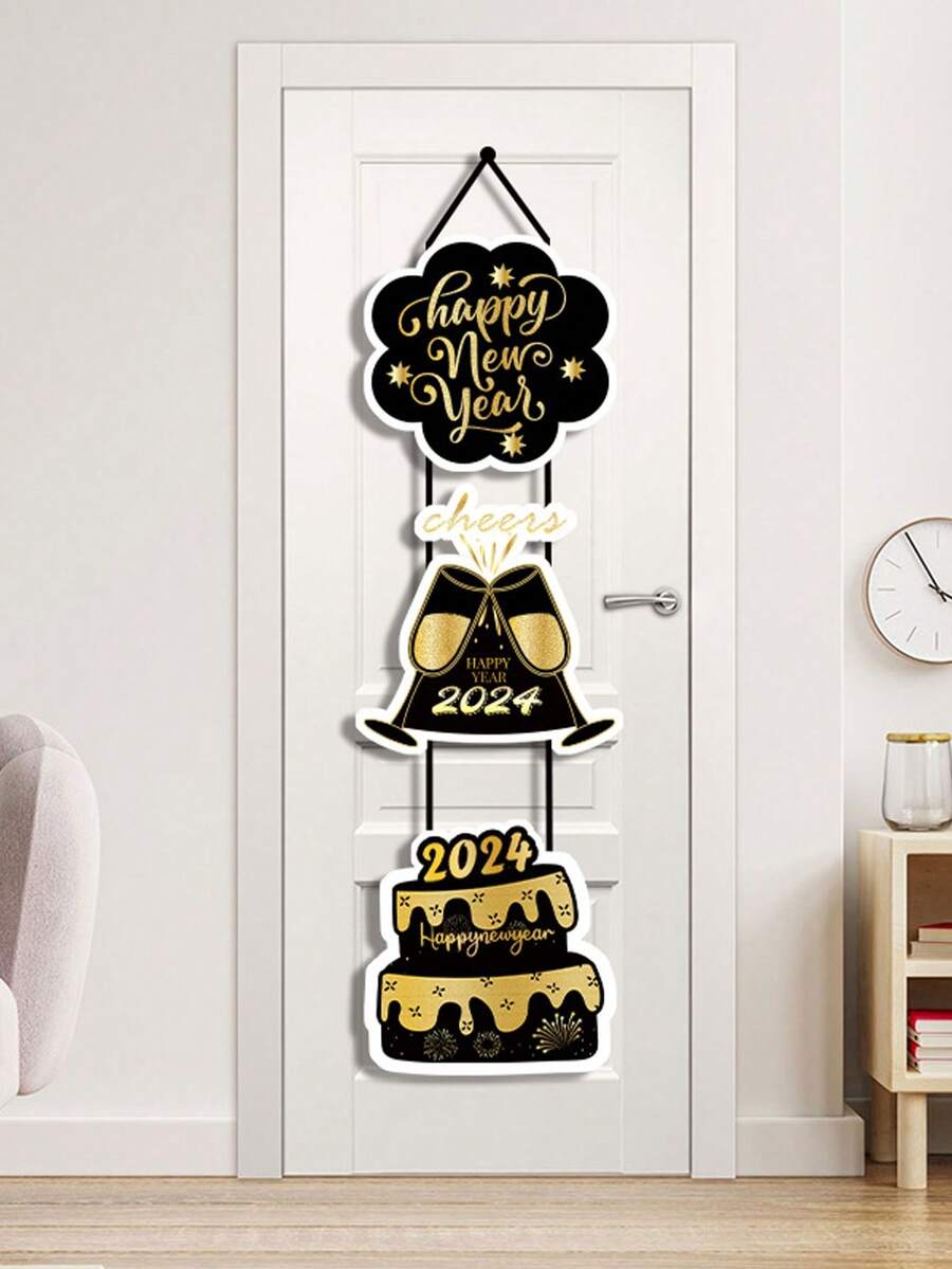 1入2024新年派對裝飾門掛,黑金主題派對氛圍裝飾掛墜