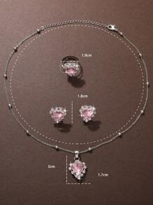 4 件裝粉紅色心型鑲鑽戒指、吊墜項鍊和耳環組(女式) - 淺粉色 - 查看 5