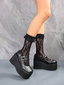 Của phụ nữ Đúng mốt Màu thuần Giày dép Với Nêm Gót chân Và Dày Nền tảng - màu đen - Xem 4