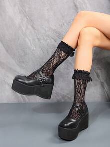 Của phụ nữ Đúng mốt Màu thuần Giày dép Với Nêm Gót chân Và Dày Nền tảng - màu đen - Xem 2