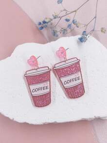1對粉色閃光愛心形咖啡杯和飲料杯和印有字母的亞克力吊墜耳環,情人節浪漫甜蜜女孩禮物