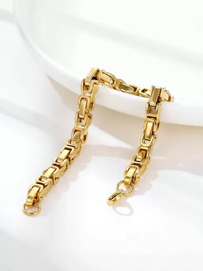 ZG YING ZHOU ZGYZ 1pc Fashionable Stainless Steel 18K Gold Plated Hip Hop Style Emperor Chain Bracelet, Minimalist Design For Men & Women, Nightclub, Wedding, Byzantine Middle Eastern Simple High Polished Bracelet