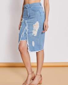Women's Denim Skirt / High Waist / Distressed Denim With Slit / With Pockets / With Zip And Buttons / With Belt - Medium Wash - View 4