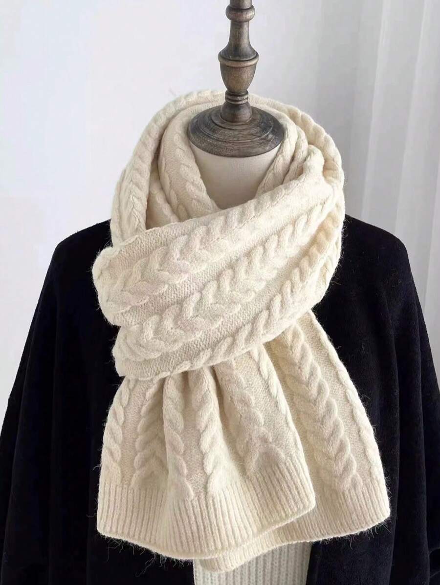 1条女士复古扭结针织围巾，加厚冬季保暖情侣针织围巾 - 米色 - 查看 1