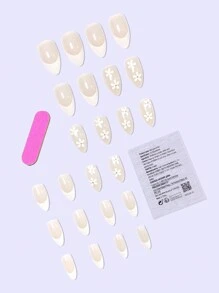 24入組中長杏仁形簡單白色法式美甲套裝,設有小花和雛菊圖案,適用於派對、跳舞和日常佩戴,讓你擁有迷人的魅力 - 白色 - 查看 2