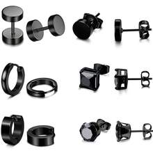 6 对装 男士不锈钢耳钉 圆形耳环 耳洞耳环 - 黑色 - 查看 3