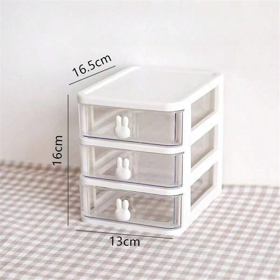 1pc Cute Bunny Cartoon Desktop Storage Box With Transparent 3 Drawers For Jewelry And Accessories - 3 drawers - View 1