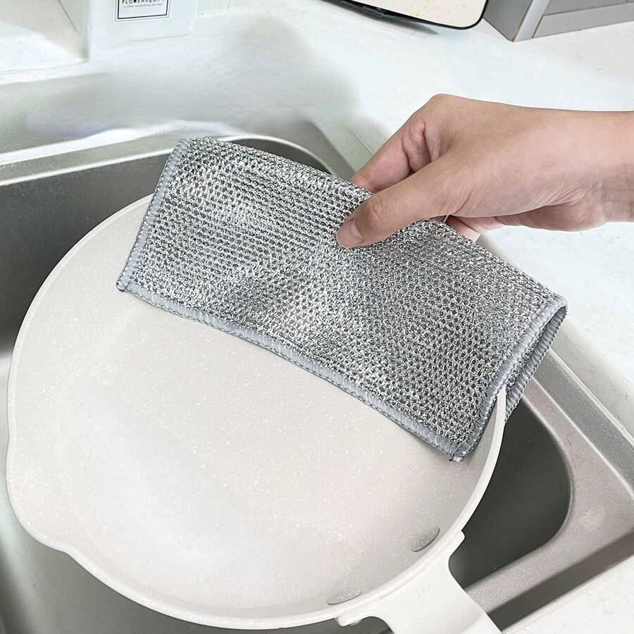 2/3/4 Khăn Rửa Bát Dây Bạc Hai Mặt, Vải Dây Thép Rửa Chén Không Dầu Thay Vì Khăn Bóng Dây Thép Để Rửa Bát Đĩa, Nồi, Bếp Và Bếp - Giẻ bạc hai lớp có khóa - Xem 1