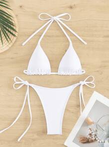 一套纯色性感比基尼泳装，沙滩度假夏季泳装，白色优雅款 - 白色 - 查看 2