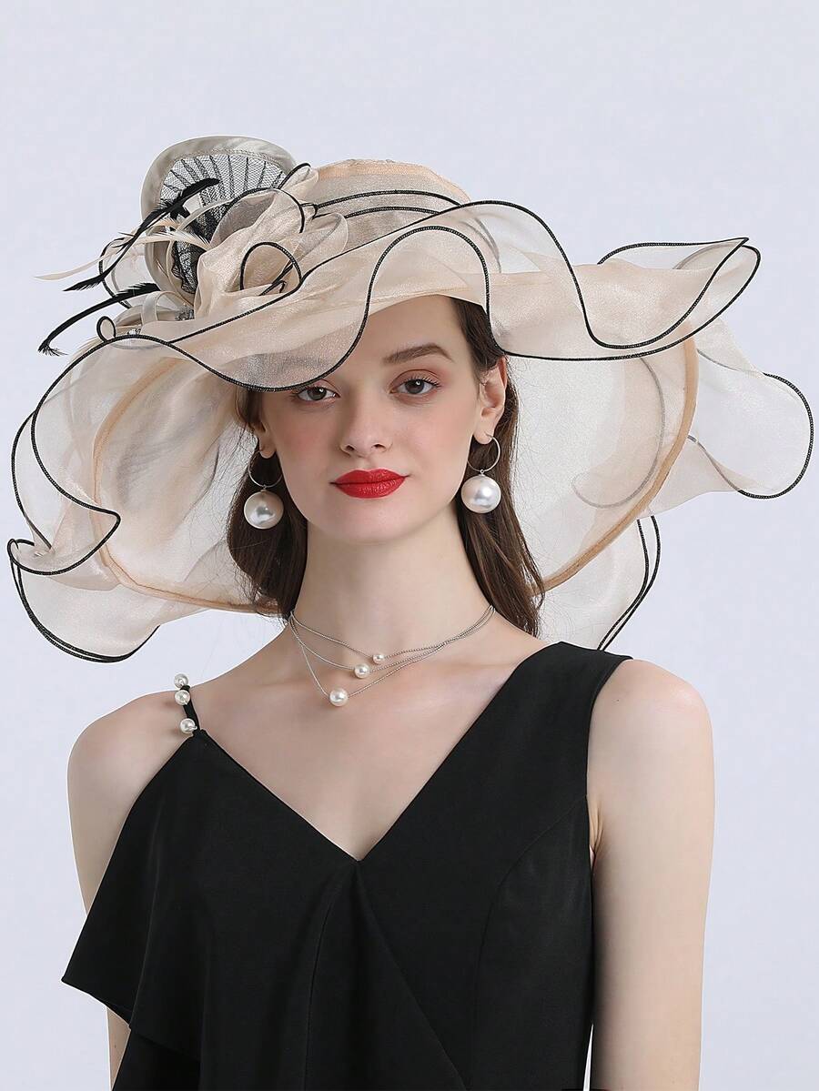 HIMESPORT 米色大檐頂及羽毛女士無邊帽,織物帽,結婚派對肯塔基無邊帽, 帶有蝴蝶羽毛裝飾