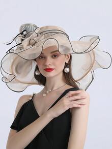 HIMESPORT 米色大檐頂及羽毛女士無邊帽,織物帽,結婚派對肯塔基無邊帽, 帶有蝴蝶羽毛裝飾