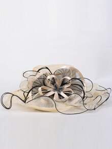 HIMESPORT 米色大檐頂及羽毛女士無邊帽,織物帽,結婚派對肯塔基無邊帽, 帶有蝴蝶羽毛裝飾