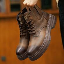 男士棕色靴子,時尚百搭中幫戶外皮靴,復古休閒鞋
