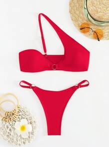女士比基尼套装，两件套，纯色，高腰，丁字裤比基尼套装，性感风格夏季海滩 - 紅色 - 查看 2