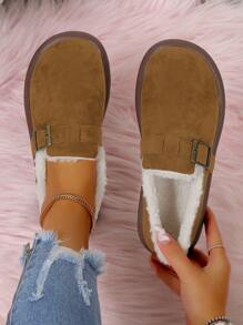 秋冬新款老式扣鞋帶絨毛平底便鞋保暖毛皮鞋 - 棕色 - 查看 1