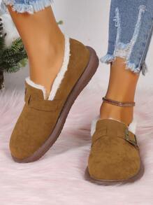 秋冬新款老式扣鞋帶絨毛平底便鞋保暖毛皮鞋 - 棕色 - 查看 4