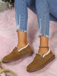 秋冬新款老式扣鞋帶絨毛平底便鞋保暖毛皮鞋 - 棕色 - 查看 5