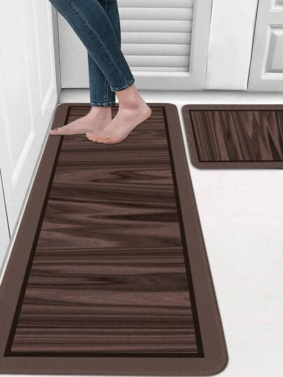 1/2 Pc Brown Wood Pattern Printed Kitchen Mat, Soft Plush Rectangular Non-Slip Floor Mat For Living Room, Kitchen, Dining Room, Bedroom