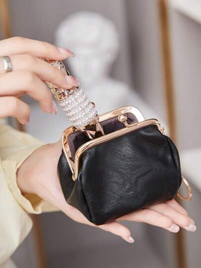 MIYIN Women's Retro Cute PU Leather Lightweight Solid Color Malist Kiss Lock Small Wallet Portable Handbag Coin Purse With Keychain, Suitable For Young Girls, Students, Teachers (Black)