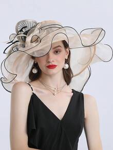 HIMESPORT 米色大檐頂及羽毛女士無邊帽,織物帽,結婚派對肯塔基無邊帽, 帶有蝴蝶羽毛裝飾