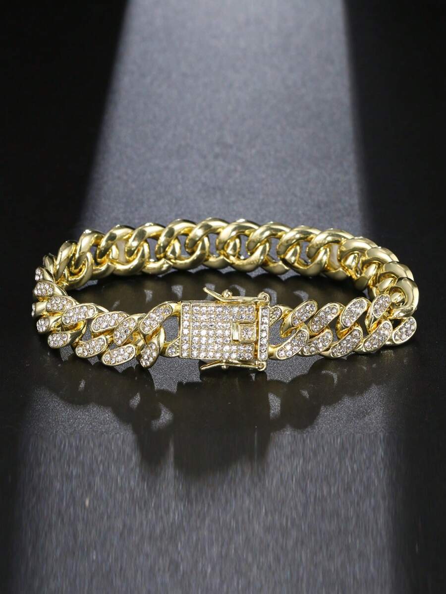 Shiny Link Chain Bracelets Women Men Gold Color Rhinestone Iced Out Chain Bracelets Punk Wristband Jewelry Gift - Yellow Gold - View 1